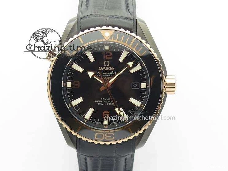 0427 Planet Ocean 45mm GMT DLC RG JHF Best Edition Black Dial On Leather Strap A Soft 8193
